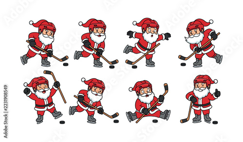 Photography Cute cartoon Santa Claus characters playing ice hockey in various funny action p