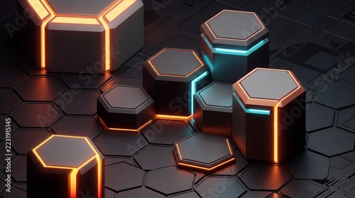 Dark hexagonal podiums with glowing orange and blue neon light accents for tech product showcases.