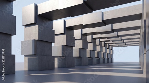 Minimalist concrete corridor features brutalist geometric pillars with dramatic shadows and light.