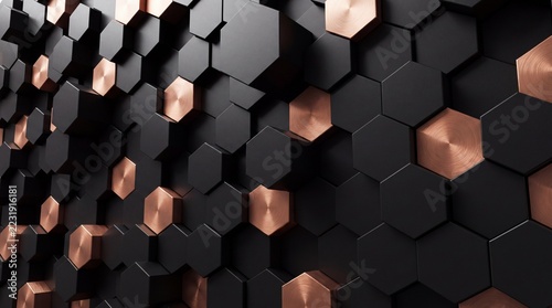 Abstract dark hexagonal pattern with copper accents creates sophisticated geometric 3d background.