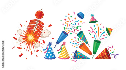 Colorful Celebration Vector Illustration Featuring Exploding Firecrackers, Party Poppers with Confetti, and Festive Party Hats on White Background