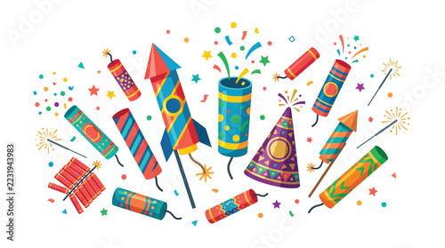 Colorful Fireworks and Firecrackers Vector Illustration Set - Celebration, New Year, and Party Design Elements on White Background