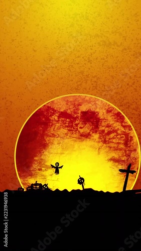 Vertical video: Glowing arc rising into orb bats flying spider dropping forming spooky scene
