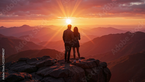 Two lovers stand on a mountaintop at dawn, Valentine's Day 