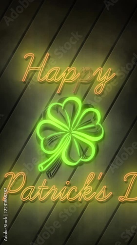 Vertical video: Pulse starting neon sign lighting up, clover glowing and forming Patrick's greeting
