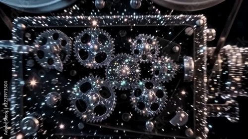 Galaxy dots form a vintage classic film camera on a tripod against a black background, movie,  