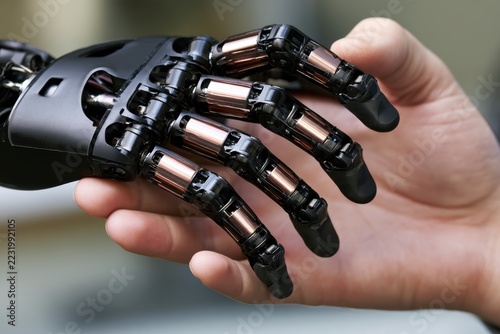 Biomedical engineer tests finger movement on a bionic prosthetic hand in a laboratory