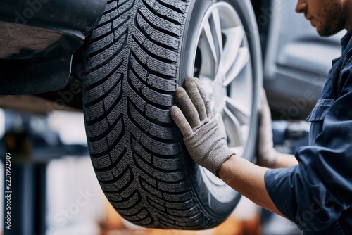 Mechanic mounting a winter tire on a passenger car in a workshop