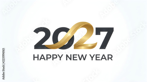 Elegant 2027 Happy New Year typography design with a metallic gold ribbon element on white background