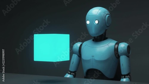 3D Blue Humanoid Robot Character Sitting at Desk and Touching Floating Glowing Cyan Data Cube in Dark Room