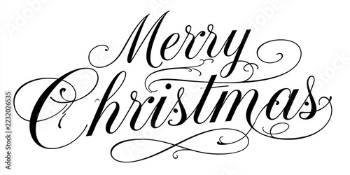 Merry Christmas black script typography with decorative swashes on white background
