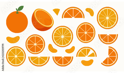 Modern Geometric Orange Slices Whole Citrus Fruit and Wedges Flat Vector Set
