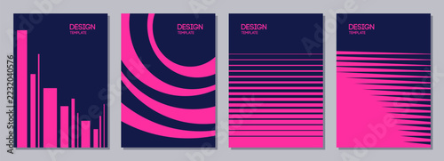 Set of flyers, posters, banners, placards, brochure design templates A6 size. Graphic design templates with simple geometric pink shapes. Vector blue color  background. Minimalistic design.