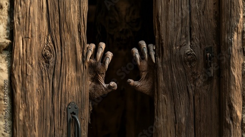 Halloween Holiday Theme. a weathered wooden door with a pair of humanlike hands peeking out from behind it. The hands are intricately carved with detailed fingers and nails. The wood has a rich.