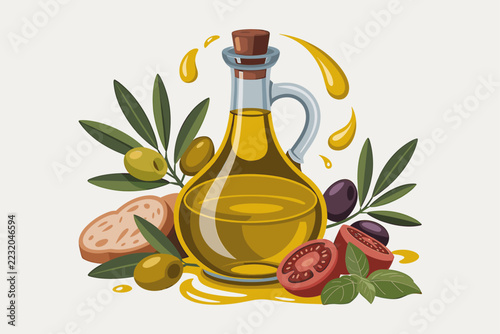 Olive oil bottle pouring with olives tomatoes basil leaves flat illustration.