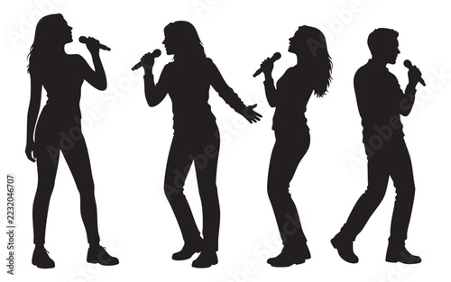 Singer Silhouette Vector Collection, Male and Female Vocalists Performing with Microphones