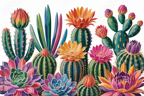 Colorful cactus illustration with vibrant flowers and spiky stems.