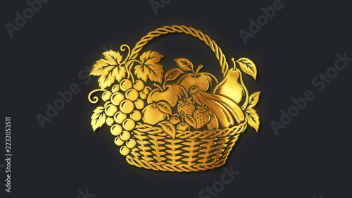 Golden Fruit Basket Loop with Alpha Channel, Elegant 3D Gold Harvest Symbol with Grapes Apples Pears Bananas Cherries Strawberries Overlay Motion Graphics