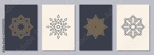 Set of flyers, posters, placards, brochure design templates A6 size with symmetric geometric symbols or snowflakes. Vertical color blanks with isolated geometric signs. Flat design.