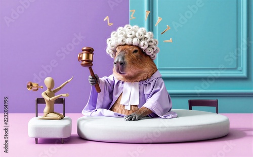 A capybara in a judge's robe holds a gavel, presiding over two tiny figures.