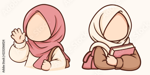 Cute Chibi Hijab Girls Reading Books and Making Peace Sign