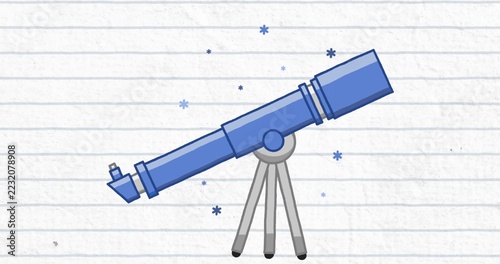 Obraz na plátně Pointing blue refracting telescope on silver tripod angling upward on ruled pape