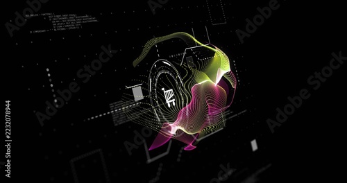 Twisting neon 3D mesh undulating across virtual black void, showing HUD gauge with shopping cart