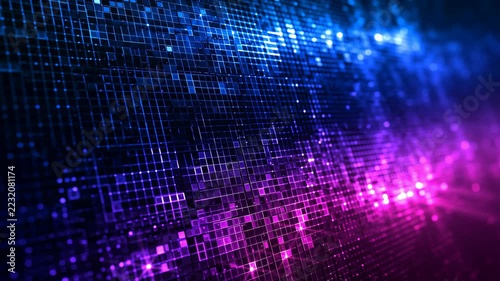 Blue and magenta light moves across a field of glowing digital dots and lines, shifting in brightness and color during an abstract animation.