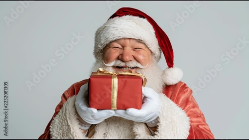 Santa Claus wears a red suit and hat while holding a red and gold gift box in front of a plain studio backdrop during a Christmas portrait session.