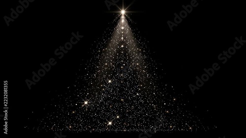 Gold Christmas tree stands on a dark floor beneath warm lights during the holiday season