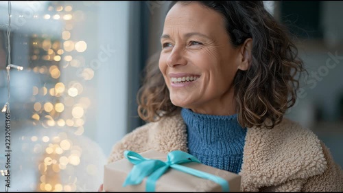 A woman in a blue sweater and coat holds a gift box with a ribbon and smiles beside a lit Christmas tree inside a home during the holiday season.
