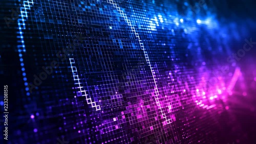 Blue and magenta light patterns move across a digital pixel surface in an abstract computer animation