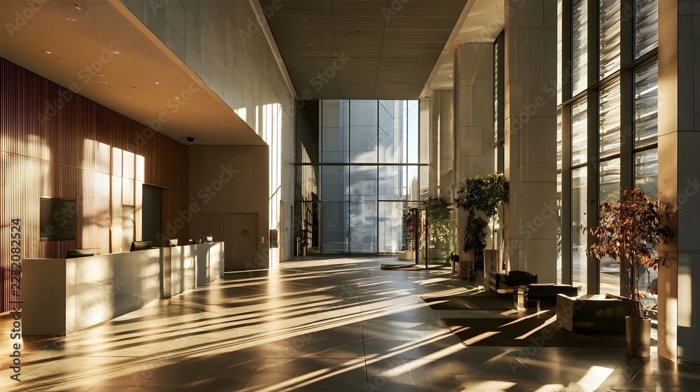Fototapeta premium A modern building lobby bathed in warm sunlight featuring sleek architectural lines polished floors and tall glass casting long shadows