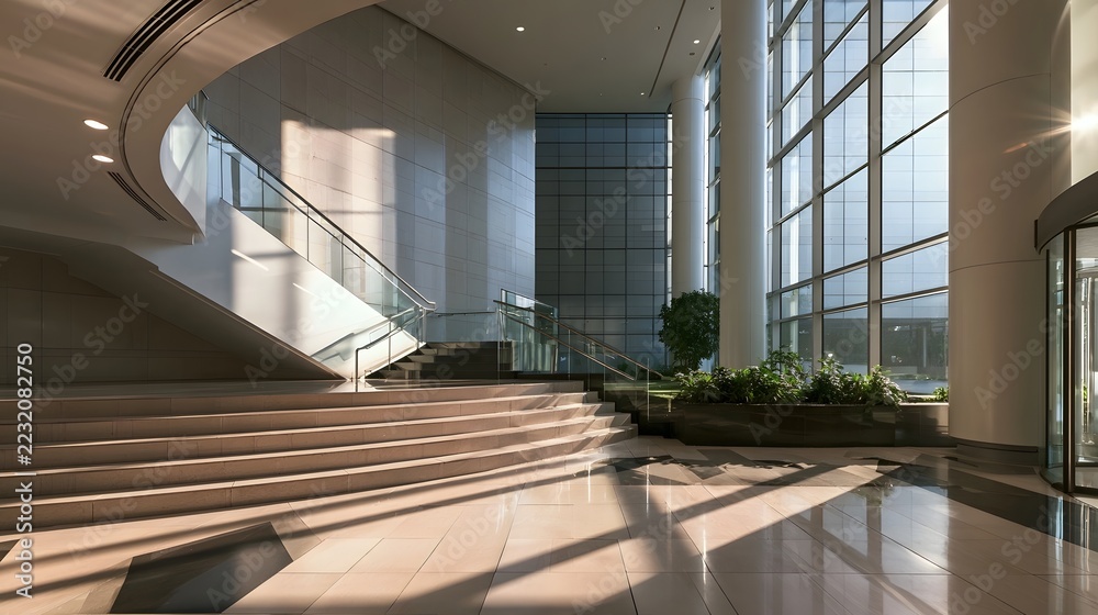 Fototapeta premium Modern building lobby with curved staircase glass railings and large casting strong sunlight shadows on polished floors