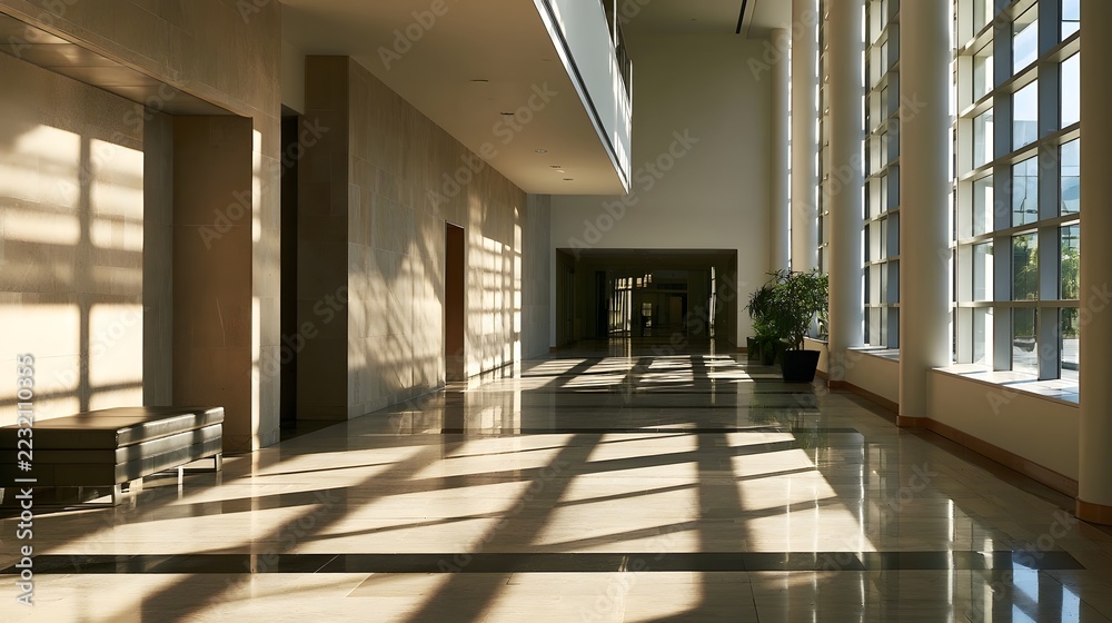 Fototapeta premium Sunlight streams through tall casting long shadows across a polished marble lobby with minimalist architecture and a potted plant