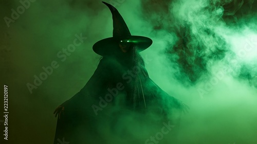 Halloween Holiday Theme. a mystical figure, likely a witch or wizard, shrouded in a thick, green mist. The figure wears a pointed, dark hat with a wide brim and a long.