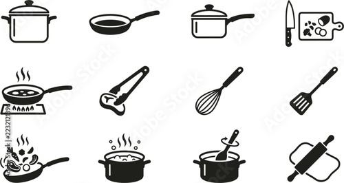 Cooking utensils and cookware icon set, kitchen tools collection with pots pans whisk spatula cutting board line illustration