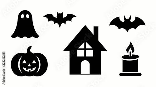 Halloween Holiday Theme. a Halloween theme. The silhouettes include a ghost, a house with a chimney, a pumpkin with a jackolantern face, and a lit candle.