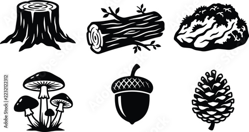 Forest nature element icon set, tree stump log mushroom acorn pine cone and leafy plant silhouette collection