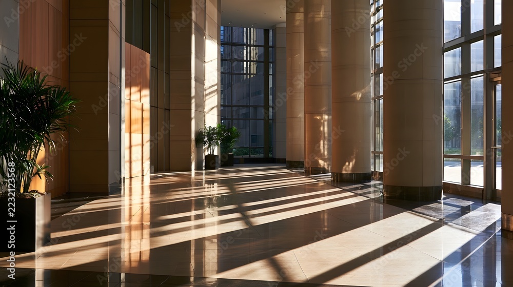 Fototapeta premium Sunlight streams through tall casting long shadows across a polished marble lobby with large columns and potted plants