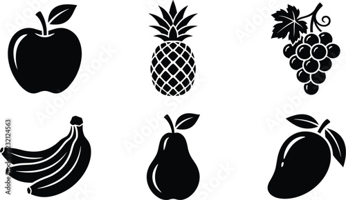 Tropical and fresh fruit silhouette icon set, apple pineapple grapes banana pear and mango collection vector illustration