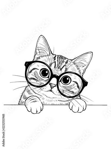 Cute Tabby Cat Wearing Glasses Peeking Over Edge, Black and White Sketch Illustration