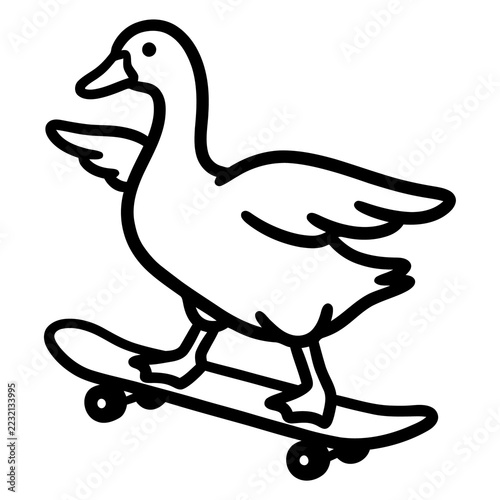 Cartoon Duck Riding Skateboard with Wings Outstretched in Motion
