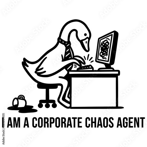 Goose Working at Computer, Spilled Coffee, Corporate Chaos Agent Text