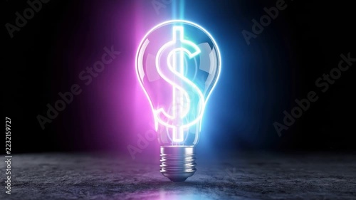 A glowing neon lightbulb in the shape of a dollar sign illuminates a dark room, symbolizing financial innovation and profitable ideas. ..Created with Generative AI, not depicting real subjects.