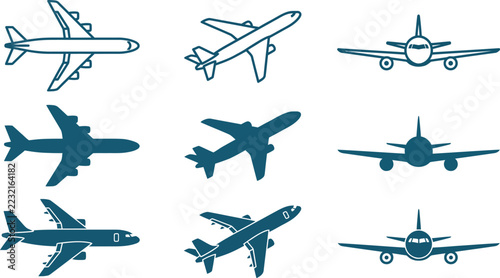 Set of various commercial and private airplane silhouettes for aviation design