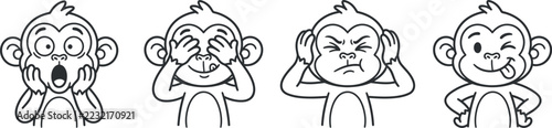 Photography Set of four cute monkey characters showing different funny facial expressions an