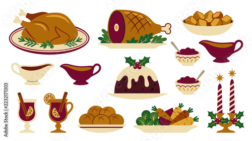 Mid century Christmas feast clipart collection with roast turkey platter, ham leg, roast potatoes, gravy boats, cranberry bowls, Christmas pudding and mulled wine with orange isolated on white