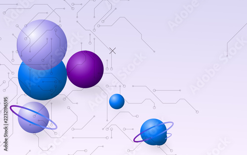 Obraz na plátně Glossy blue and purple spheres with planet rings on light circuit background