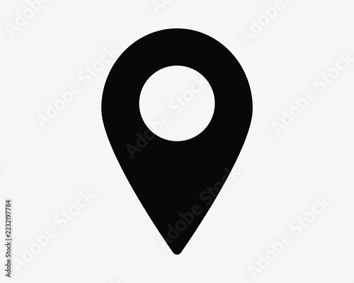 Map pin vector icon in black solid style with teardrop shape and hollow center representing location marker GPS and destination
